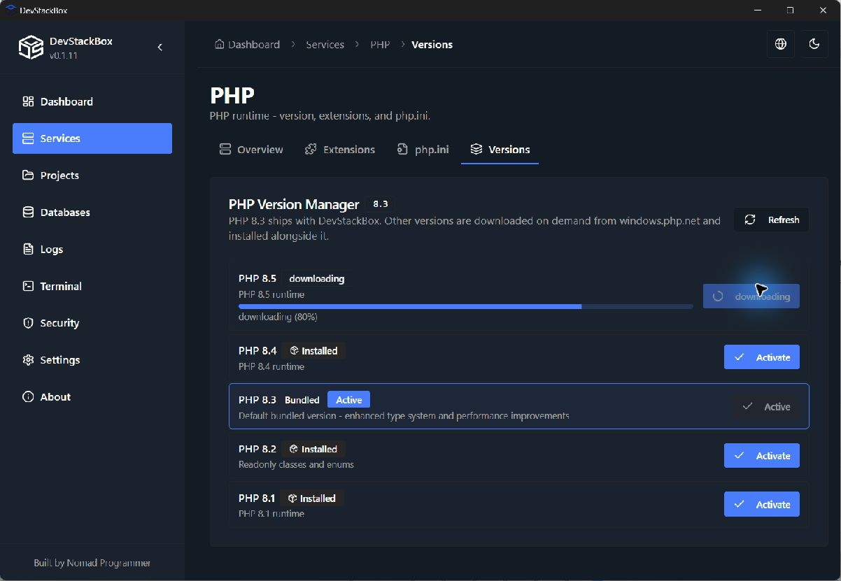 Download PHP 8.1–8.5 in PHP Versions, then select an installed runtime per website. Terminal sessions still use global PHP.