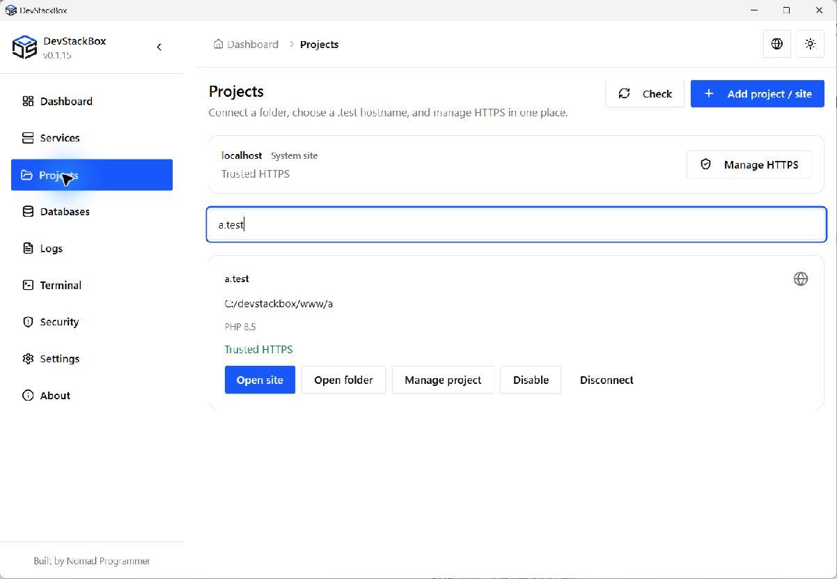 Connect a .test hostname, pick an installed PHP runtime per site, and enable trusted HTTPS from project details.