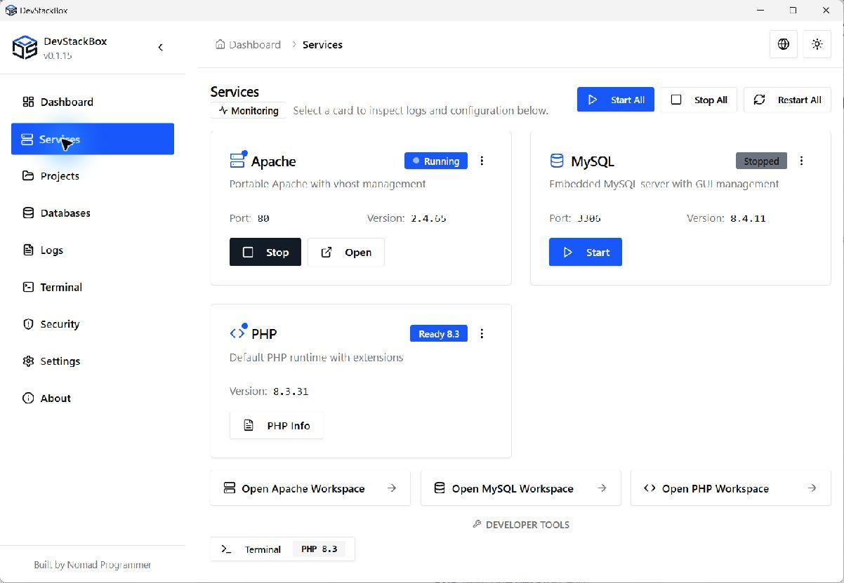 Start Apache and MySQL, inspect versions and ports, and open phpMyAdmin from one dashboard.